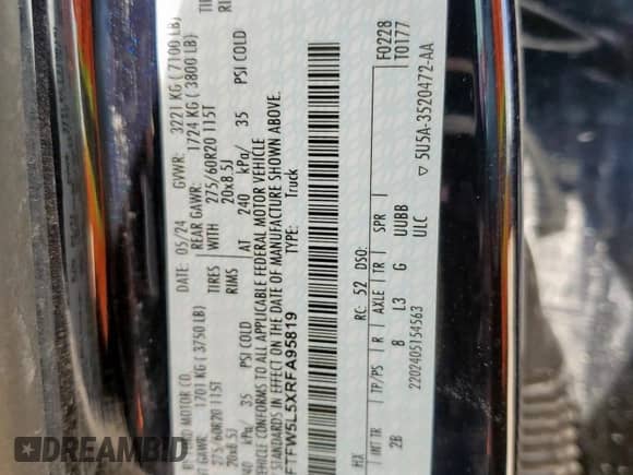 2024 Ford F-150 Lariat с VIN 1FTFW5L5XRFA95819, выставлен на аукционе Copart как лот 58554715 с пробегом Не указан миль и Списание • Salvage title. История ставок и продаж доступна на DreamBid. Изображение 12.