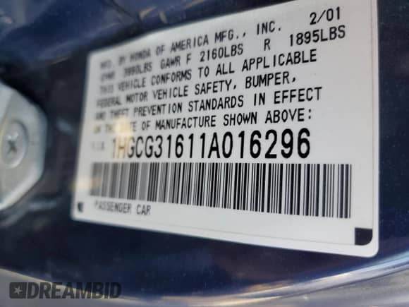2001 Honda Accord z VIN 1HGCG31611A016296, wystawiony jako Copart lot #75356114 z przebiegiem 421 019 mil mil oraz Szkoda całkowita • Salvage title. Historia ofert i sprzedaży dostępna na DreamBid. Obrazek 12.