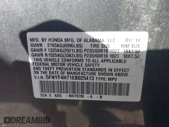 2014 Honda Pilot EX-L with VIN 5FNYF4H71EB025413, listed as a IAAI auction lot 42134357 with 145,865 mi miles and . Bid and sale history available at DreamBid. Image 9.