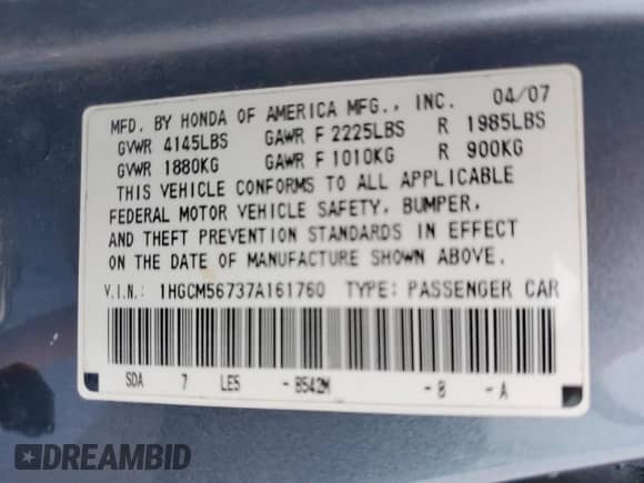 2007 Honda Accord EX with VIN 1HGCM56737A161760, listed as a Copart auction lot 68938595 with 347,152 mi miles and Salvage title. Bid and sale history available at DreamBid. Image 12.