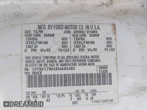 1999 Ford F-150 z VIN 1FTRF17W4XNA83483, wystawiony jako IAAI lot #43337226 z przebiegiem Nie podano mil oraz . Historia ofert i sprzedaży dostępna na DreamBid. Obrazek 9.