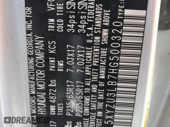 2017 Hyundai Santa Fe 2.4L with VIN 5XYZU3LB7HG500320, listed as a Copart auction lot 82068595 with 122,205 mi miles and Salvage title. Bid and sale history available at DreamBid. Image 13.