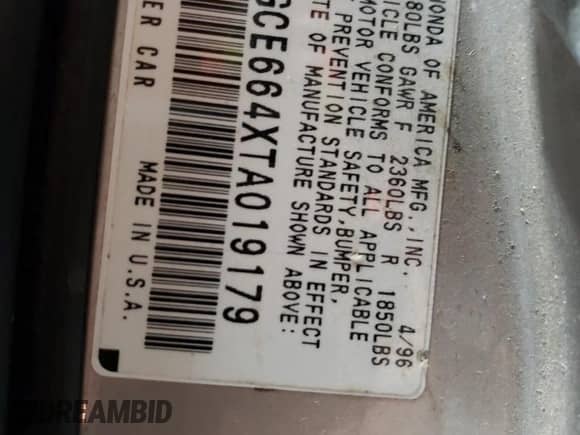 1996 Honda Accord with VIN 1HGCE664XTA019179, listed as a Copart auction lot 71292254 with 249,705 mi miles and Salvage title. Bid and sale history available at DreamBid. Image 13.