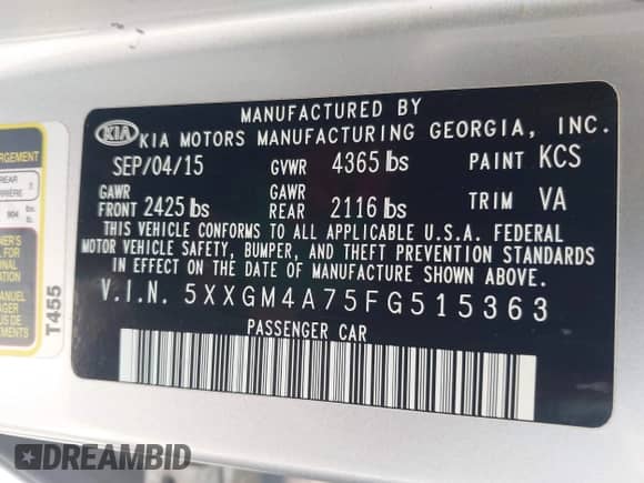 2015 Kia Optima LX with VIN 5XXGM4A75FG515363, listed as a IAAI auction lot 42537203 with 146,205 mi miles and . Bid and sale history available at DreamBid. Image 9.