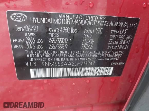 2020 Hyundai Santa Fe Limited with VIN 5NMS53AA2LH213247, listed as a IAAI auction lot 42371391 with 127,553 mi miles and . Bid and sale history available at DreamBid. Image 9.