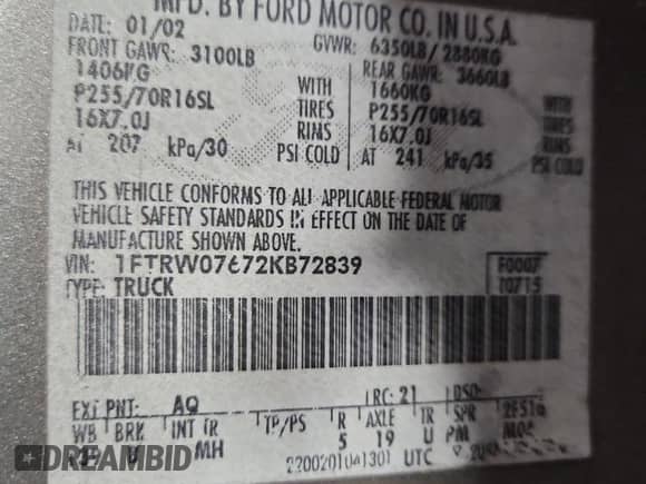 2002 Ford F-150 XLT с VIN 1FTRW07672KB72839, выставлен на аукционе Copart как лот 82162225 с пробегом Не указан миль и Списание • Salvage title. История ставок и продаж доступна на DreamBid. Изображение 12.