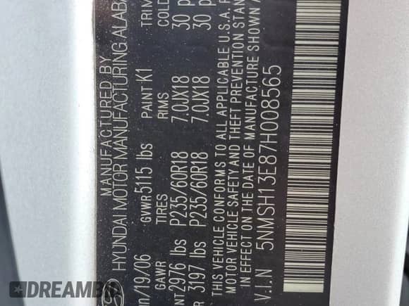 2007 Hyundai Santa Fe SE с VIN 5NMSH13E87H008565, выставлен на аукционе Copart как лот 71647624 с пробегом 77 478 миль миль и Списание • Salvage title. История ставок и продаж доступна на DreamBid. Изображение 15.