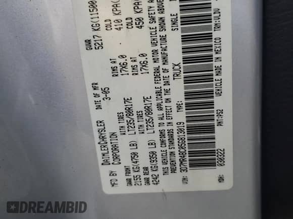 2005 Dodge 3500 SLT with VIN 3D7MR48C05G813019, listed as a Copart auction lot 71160665 with 194,825 mi miles and Salvage title. Bid and sale history available at DreamBid. Image 12.