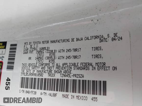 2024 Toyota Tacoma SR5 with VIN 3TMLB5JN5RM010502, listed as a IAAI auction lot 43521054 with 22,894 mi miles and . Bid and sale history available at DreamBid. Image 9.