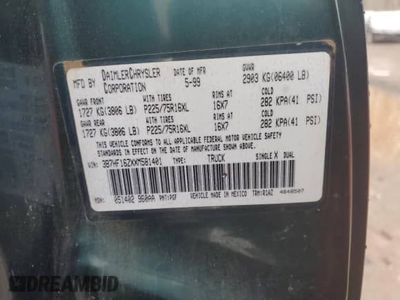 1999 Dodge 1500 with VIN 3B7HF16ZXXM581401, listed as a Copart auction lot 86046244 with Not provided miles and Salvage title. Bid and sale history available at DreamBid. Image 12.