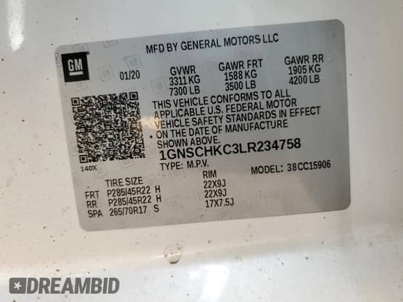 2020 Chevrolet Suburban LT с VIN 1GNSCHKC3LR234758, выставлен на аукционе Copart как лот 63757405 с пробегом Не указан миль и На запчасти • Non repairable. История ставок и продаж доступна на DreamBid. Изображение 13.