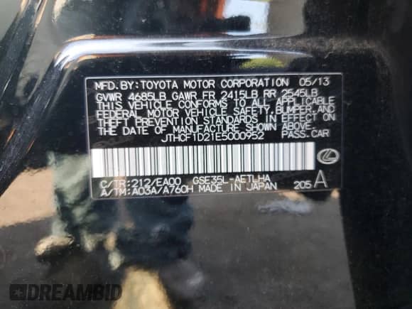 2014 Lexus IS 250 с VIN JTHCF1D21E5000952, выставлен на аукционе Copart как лот 65781865 с пробегом 25 992 миль миль и Списание • Salvage title. История ставок и продаж доступна на DreamBid. Изображение 12.