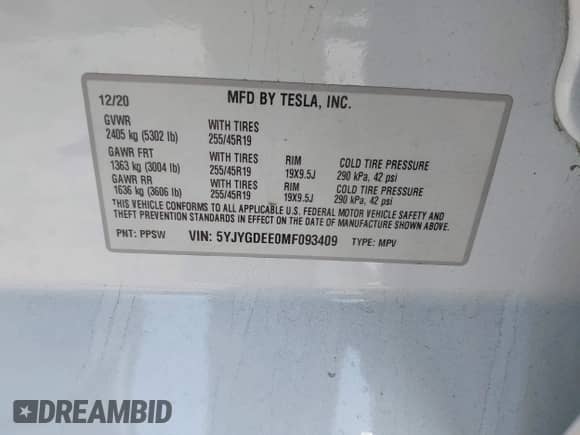 2021 Tesla Model Y Long Range with VIN 5YJYGDEE0MF093409, listed as a IAAI auction lot 42416589 with 50,619 mi miles and . Bid and sale history available at DreamBid. Image 9.