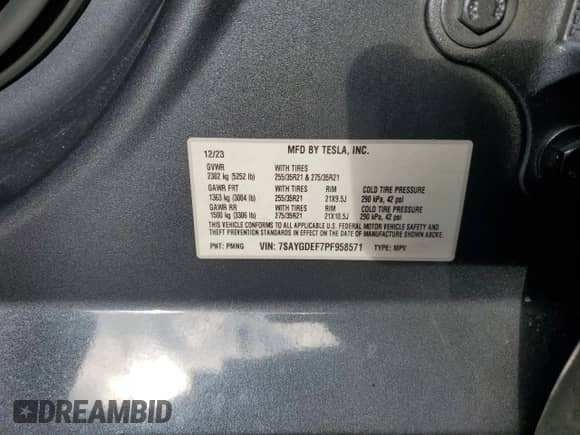 2023 Tesla Model Y Performance with VIN 7SAYGDEF7PF958571, listed as a Copart auction lot 84988605 with 40,428 mi miles and Salvage title. Bid and sale history available at DreamBid. Image 14.