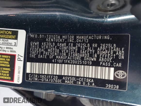 2013 Toyota Camry SE с VIN 4T1BF1FK2DU251019, выставлен на аукционе IAAI как лот 43280108 с пробегом 105 295 миль миль и . История ставок и продаж доступна на DreamBid. Изображение 9.