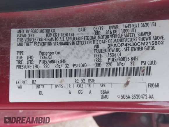 2012 Ford Fiesta SE с VIN 3FADP4BJ0CM215802, выставлен на аукционе IAAI как лот 43075874 с пробегом 144 636 миль миль и . История ставок и продаж доступна на DreamBid. Изображение 9.