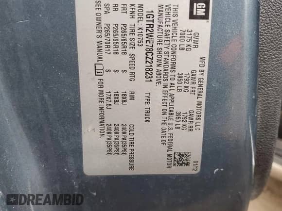 2012 GMC Sierra 1500 SLT with VIN 1GTR2WE78CZ218231, listed as a Copart auction lot 88312735 with 211,890 mi miles and Salvage title. Bid and sale history available at DreamBid. Image 14.