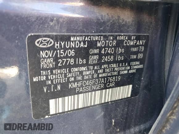 2007 Hyundai Azera SE с VIN KMHFC46F37A176819, выставлен на аукционе Copart как лот 58791404 с пробегом Не указан миль и На запчасти • Non repairable. История ставок и продаж доступна на DreamBid. Изображение 12.