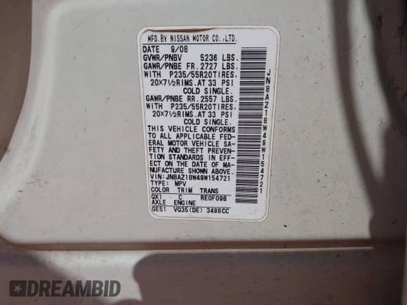 2009 Nissan Murano S z VIN JN8AZ18W49W154721, wystawiony jako IAAI lot #42511974 z przebiegiem 252 926 mil mil oraz . Historia ofert i sprzedaży dostępna na DreamBid. Obrazek 9.