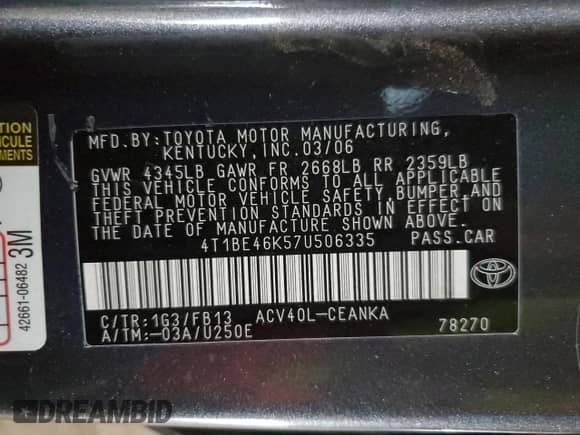 2007 Toyota Camry CE с VIN 4T1BE46K57U506335, выставлен на аукционе Copart как лот 82388705 с пробегом 297 554 миль миль и Чистый • Clean title. История ставок и продаж доступна на DreamBid. Изображение 12.