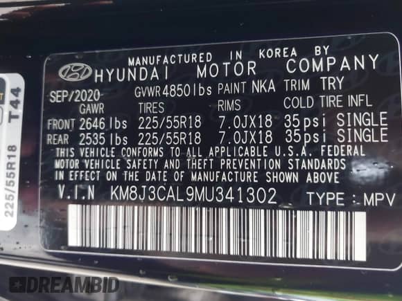 2021 Hyundai Tucson SEL with VIN KM8J3CAL9MU341302, listed as a IAAI auction lot 43238039 with 115,042 mi miles and . Bid and sale history available at DreamBid. Image 9.