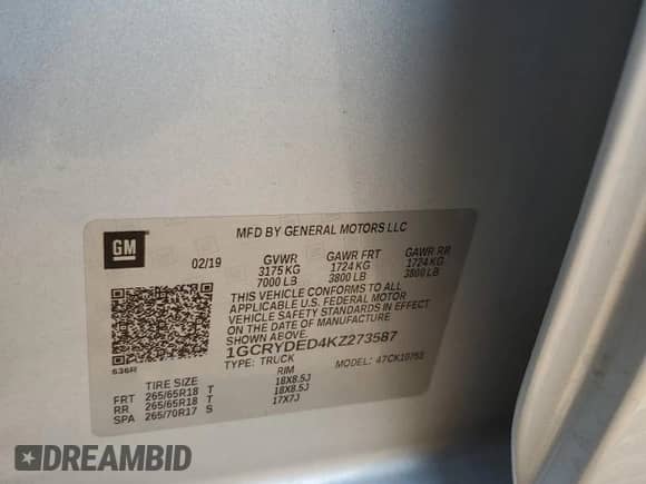 2019 Chevrolet Silverado 1500 LT с VIN 1GCRYDED4KZ273587, выставлен на аукционе Copart как лот 69114805 с пробегом 48 889 миль миль и Чистый • Clean title. История ставок и продаж доступна на DreamBid. Изображение 13.