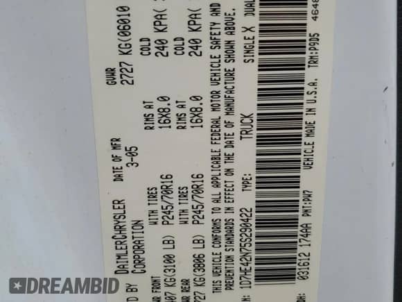 2005 Dodge Dakota SLT с VIN 1D7HE42N75S290422, выставлен на аукционе Copart как лот 59613155 с пробегом 132 450 миль миль и Списание • Salvage title. История ставок и продаж доступна на DreamBid. Изображение 13.