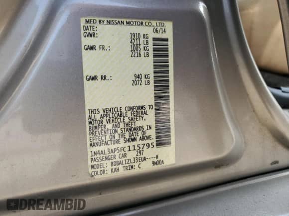 2015 Nissan Altima SV с VIN 1N4AL3AP5FC115795, выставлен на аукционе Copart как лот 64991495 с пробегом 181 452 миль миль и Списание • Salvage title. История ставок и продаж доступна на DreamBid. Изображение 12.