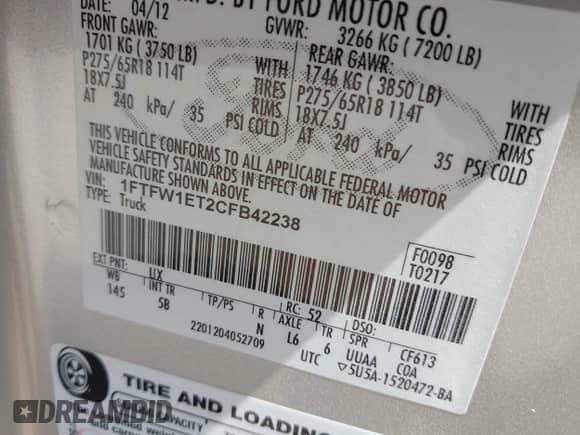 2012 Ford F-150 XL with VIN 1FTFW1ET2CFB42238, listed as a IAAI auction lot 42494683 with 177,226 mi miles and . Bid and sale history available at DreamBid. Image 9.