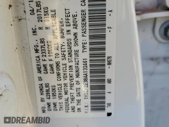 2010 Honda Accord LX z VIN 1HGCP2E38AA132461, wystawiony jako Copart lot #78608954 z przebiegiem 134 369 mil mil oraz Nie do naprawy • Non repairable. Historia ofert i sprzedaży dostępna na DreamBid. Obrazek 13.