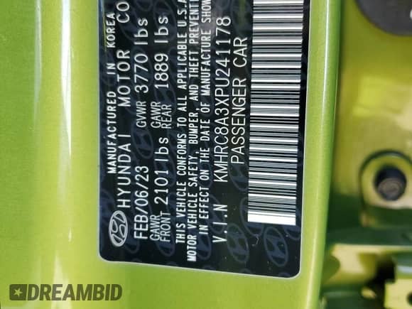 2023 Hyundai Venue SEL с VIN KMHRC8A3XPU241178, выставлен на аукционе Copart как лот 70144894 с пробегом 6 065 миль миль и Списание • Salvage title. История ставок и продаж доступна на DreamBid. Изображение 15.