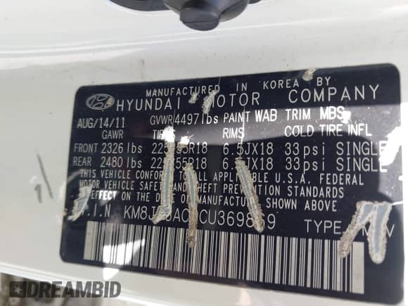 2012 Hyundai Tucson GLS with VIN KM8JU3AC9CU369869, listed as a IAAI auction lot 41997827 with 148,728 mi miles and . Bid and sale history available at DreamBid. Image 9.