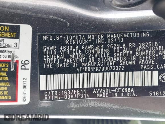 2013 Toyota Camry LE z VIN 4T1BD1FK7DU073372, wystawiony jako IAAI lot #42475919 z przebiegiem 309 549 mil mil oraz . Historia ofert i sprzedaży dostępna na DreamBid. Obrazek 9.