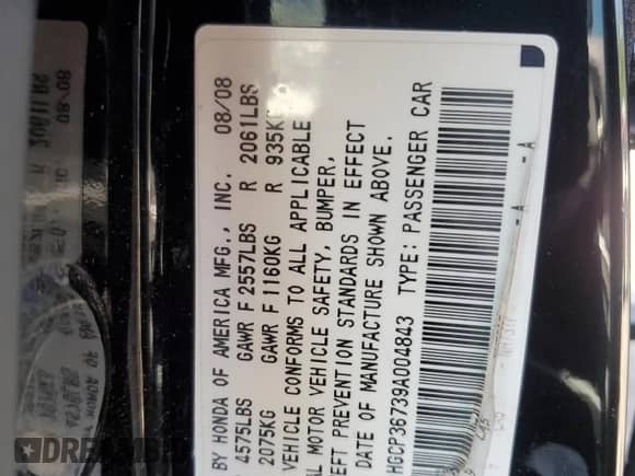 2009 Honda Accord EX z VIN 1HGCP36739A004843, wystawiony jako Copart lot #69964955 z przebiegiem 202 090 mil mil oraz Szkoda całkowita • Salvage title. Historia ofert i sprzedaży dostępna na DreamBid. Obrazek 12.