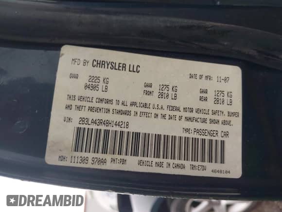 2008 Dodge Charger with VIN 2B3LA43R48H144218, listed as a IAAI auction lot 43052759 with 115,343 mi miles and . Bid and sale history available at DreamBid. Image 9.