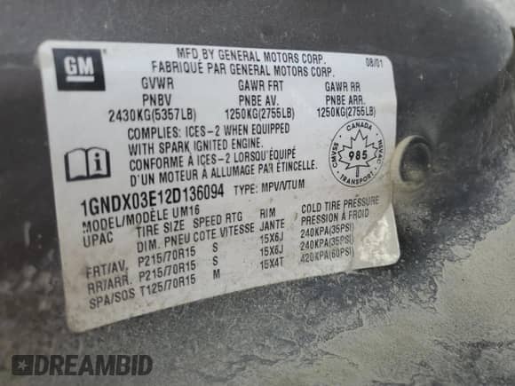 2002 Chevrolet Venture LS 1SC z VIN 1GNDX03E12D136094, wystawiony jako Copart lot #54352255 z przebiegiem 271 687 mil mil oraz Szkoda całkowita • Salvage title. Historia ofert i sprzedaży dostępna na DreamBid. Obrazek 14.