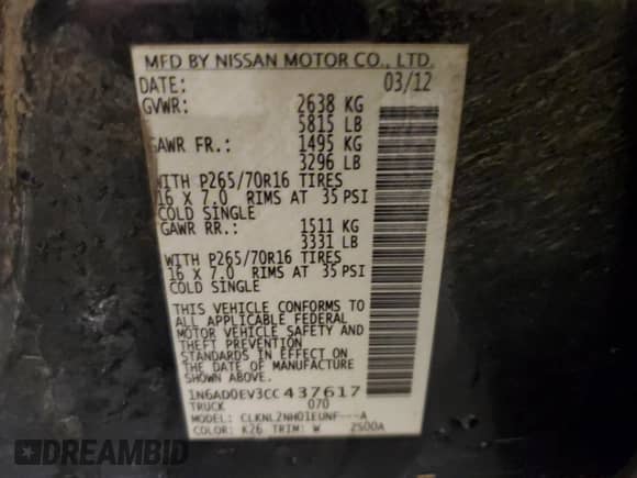 2012 Nissan Frontier SL with VIN 1N6AD0EV3CC437617, listed as a Copart auction lot 63193585 with 151,496 mi miles and Salvage title. Bid and sale history available at DreamBid. Image 12.