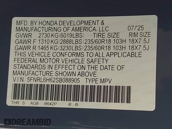 2025 Honda Odyssey EX-L с VIN 5FNRL6H62SB088905, выставлен на аукционе IAAI как лот 43164713 с пробегом 823 миль миль и . История ставок и продаж доступна на DreamBid. Изображение 9.