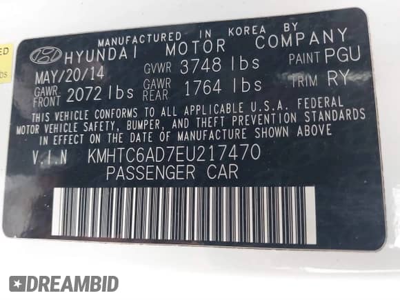 2014 Hyundai Veloster with VIN KMHTC6AD7EU217470, listed as a IAAI auction lot 41286296 with 150,034 mi miles and . Bid and sale history available at DreamBid. Image 9.