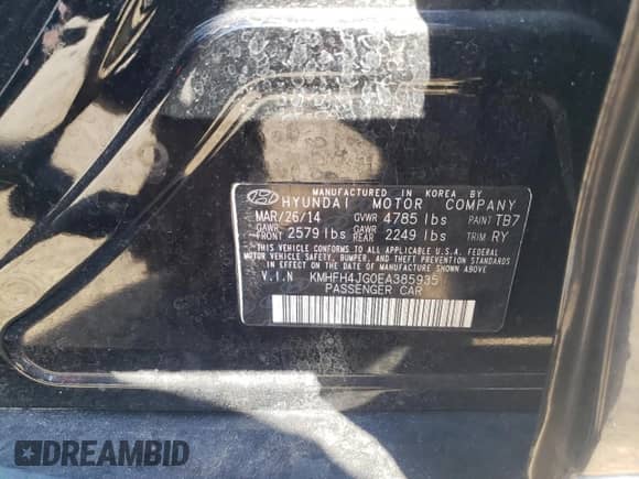 2014 Hyundai Azera Limited с VIN KMHFH4JG0EA385935, выставлен на аукционе Copart как лот 86805355 с пробегом 86 145 миль миль и Списание • Salvage title. История ставок и продаж доступна на DreamBid. Изображение 12.