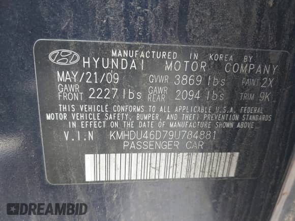 2009 Hyundai Elantra SE z VIN KMHDU46D79U784881, wystawiony jako IAAI lot #42571121 z przebiegiem 156 693 mil mil oraz . Historia ofert i sprzedaży dostępna na DreamBid. Obrazek 9.