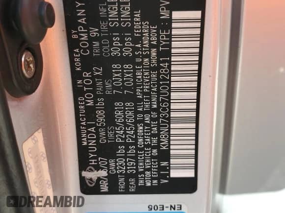 2007 Hyundai Veracruz GLS with VIN KM8NU73C67U012841, listed as a Copart auction lot 57297225 with 167,406 mi miles and Salvage title. Bid and sale history available at DreamBid. Image 13.