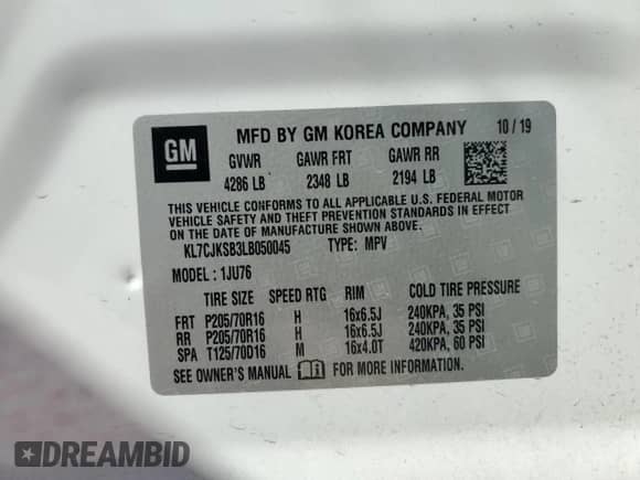 2020 Chevrolet Trax LS with VIN KL7CJKSB3LB050045, listed as a Copart auction lot 87457175 with 95,810 mi miles and Salvage title. Bid and sale history available at DreamBid. Image 14.