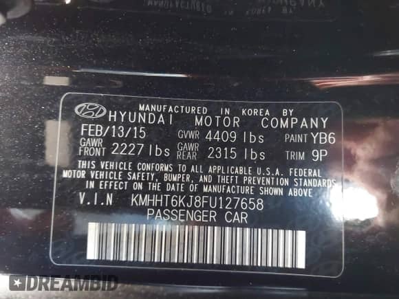 2015 Hyundai Genesis Coupe 3.8L Base with VIN KMHHT6KJ8FU127658, listed as a IAAI auction lot 41821709 with 94,086 mi miles and . Bid and sale history available at DreamBid. Image 9.