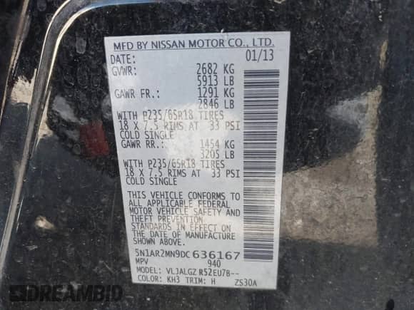 2013 Nissan Pathfinder Platinum with VIN 5N1AR2MN9DC636167, listed as a IAAI auction lot 41518290 with 129,832 mi miles and . Bid and sale history available at DreamBid. Image 9.