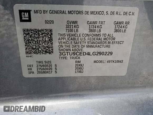 2020 GMC Sierra 1500 Elevation with VIN 3GTU9CED4LG290229, listed as a Copart auction lot 71438115 with 87,962 mi miles and Salvage title. Bid and sale history available at DreamBid. Image 13.