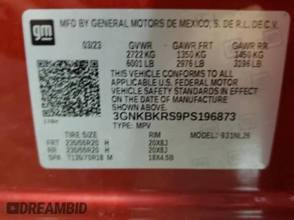 2023 Chevrolet Blazer RS с VIN 3GNKBKRS9PS196873, выставлен на аукционе Copart как лот 63096515 с пробегом 37 142 миль миль и Списание • Salvage title. История ставок и продаж доступна на DreamBid. Изображение 13.