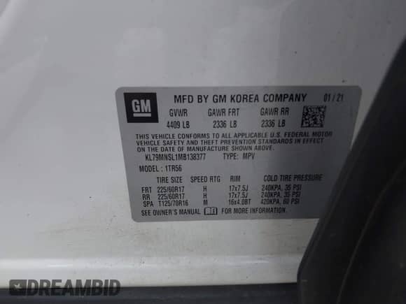 2021 Chevrolet TrailBlazer LS z VIN KL79MNSL1MB138377, wystawiony jako IAAI lot #42163738 z przebiegiem 57 867 mil mil oraz . Historia ofert i sprzedaży dostępna na DreamBid. Obrazek 9.