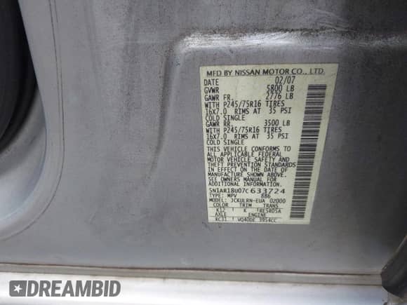 2007 Nissan Pathfinder S z VIN 5N1AR18U07C633724, wystawiony jako IAAI lot #42355262 z przebiegiem 108 829 mil mil oraz . Historia ofert i sprzedaży dostępna na DreamBid. Obrazek 9.