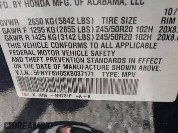 2019 Honda Pilot Elite z VIN 5FNYF6H05KB037171, wystawiony jako IAAI lot #43251488 z przebiegiem 106 990 mil mil oraz . Historia ofert i sprzedaży dostępna na DreamBid. Obrazek 9.